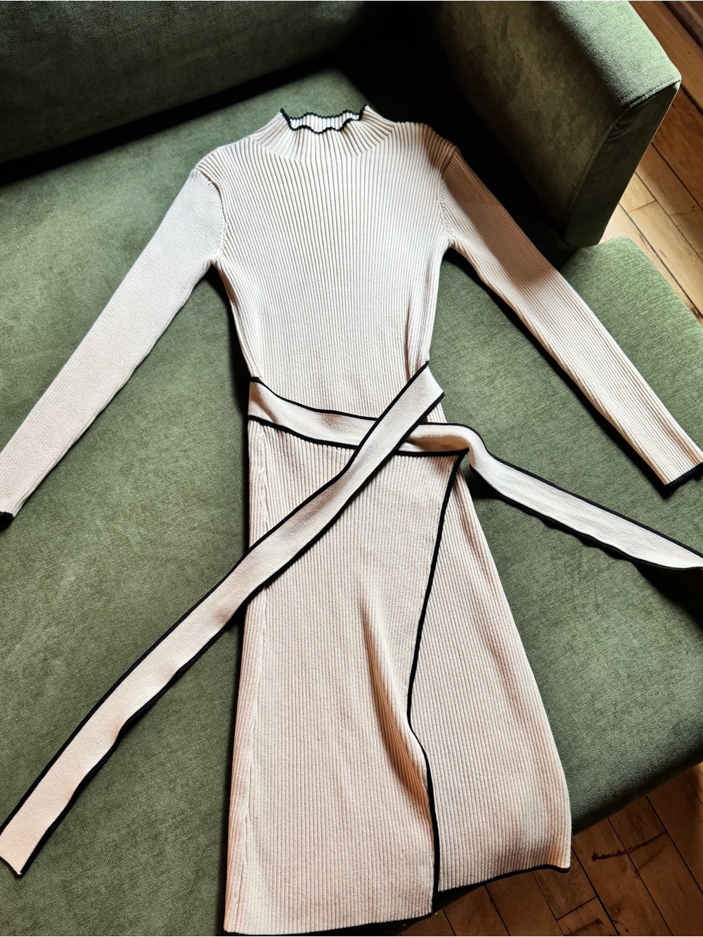 Cream Ribbed Long-Sleeve Wrap Sweater Dress with Contrast Trim
